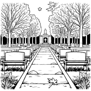 Friedlicher Park mit bezaubernden Gräbern und alten Bäumen Ausmalbild für nachdenkliche Entdecker