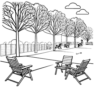 Entspanntes Picknick im Park mit Klappstühlen Ausmalbild für fröhliche Entdecker