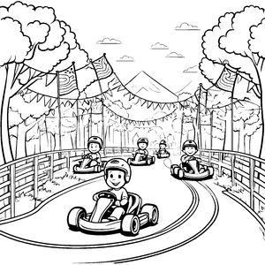Rasante Kartbahn im lebhaften Wald Ausmalbild für junge Rennfahrer