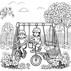 Fröhliche Kinder auf Fahrrädern im Blumenpark Ausmalvorlage für abenteuerlustige Pflanzenfreunde