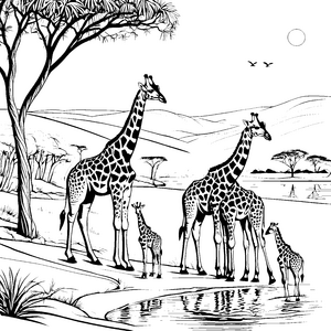 Majestätische Giraffenfamilie am glitzernden Wasser Ausmalbild für neugierige Tierfreunde