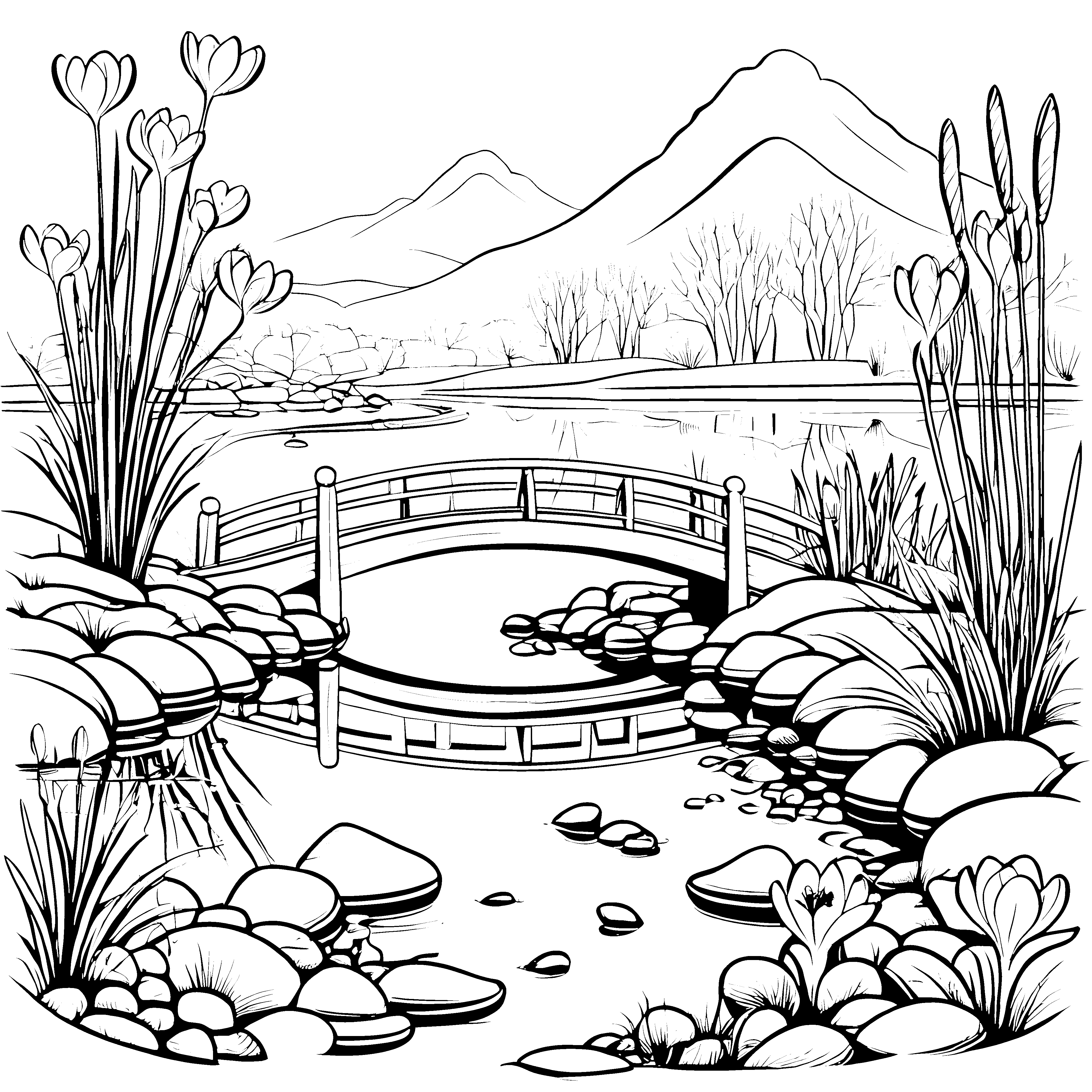 Krokusse am entzückenden Teich Ausmalvorlage für kleine Naturentdecker