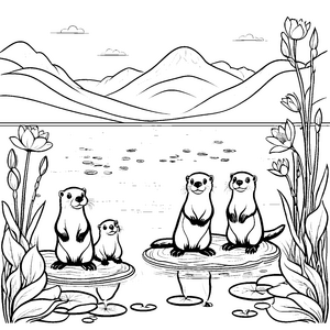 Fröhliche Otter-Babys beim Planschen Ausmalvorlage für kleine Wasserabenteurer
