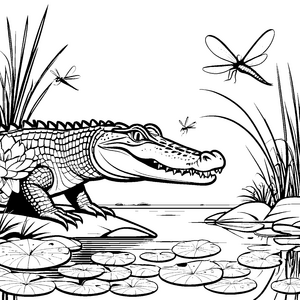 Krokodil am geheimnisvollen Teich Ausmalbild für kleine Abenteuerer