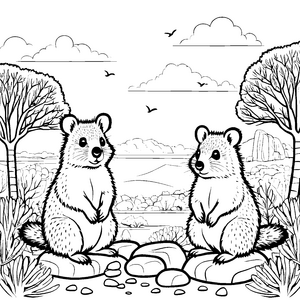 Zwei neugierige Quokka Babys auf großen Steinen Ausmalvorlage für abenteuerliche Tierfreunde