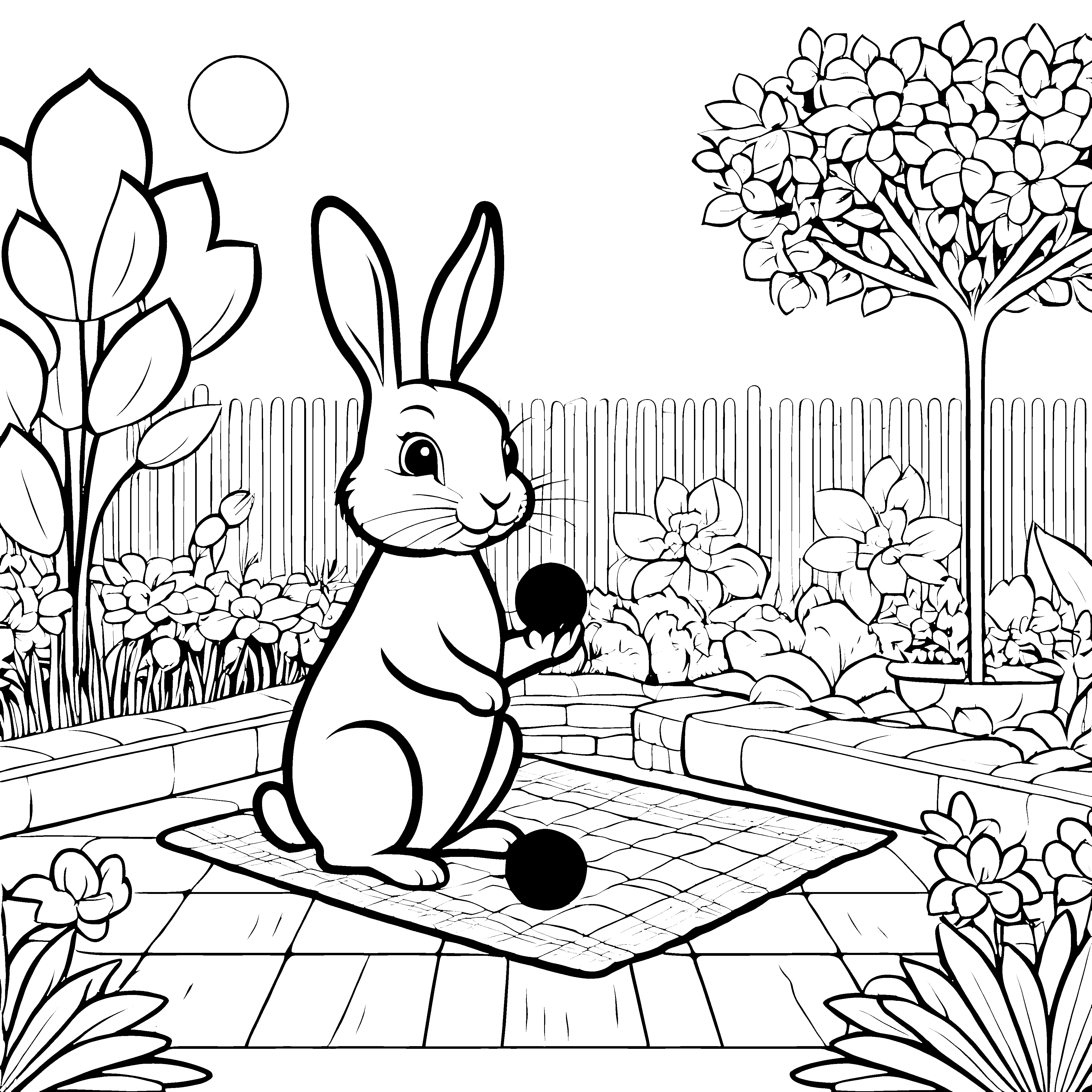 Fröhliches Kaninchen mit bunten Bällen Ausmalvorlage für kleine Spielkünstler