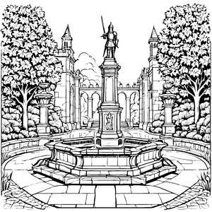 Ritterstatue im prächtigen Garten Ausmalbild für historische Entdecker