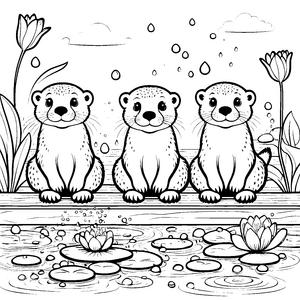 Niedliche Otter-Babys auf dem Steg Malvorlage für kleine Naturfreunde