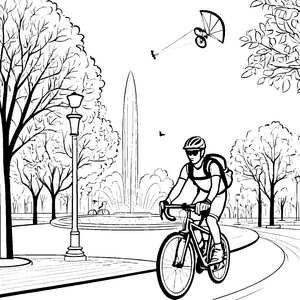 Schnelles Rennrad vor sprudelndem Brunnen Ausmalbild für sportliche Entdecker