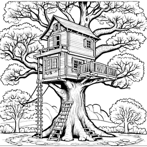 Abenteuerliches Baumhaus in den Wipfeln Ausmalbild für fantasievolle Entdecker