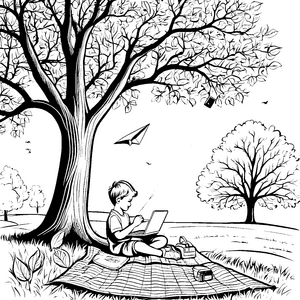 Kreativer Junge arbeitet am Laptop unter dem Baum Ausmalbild für junge Entdecker
