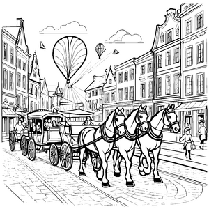Historische Kutschenfahrt mit Heißluftballon Ausmalbild für kleine Entdecker