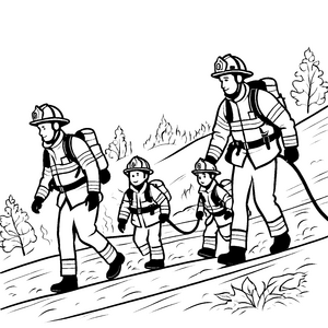 Mutige Feuerwehrleute auf spannender Rettungsmission Ausmalmotiv für kleine Helden