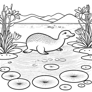 Fröhliches Schnabeltier am ruhigen Teich Ausmalvorlage für kleine Naturforscher