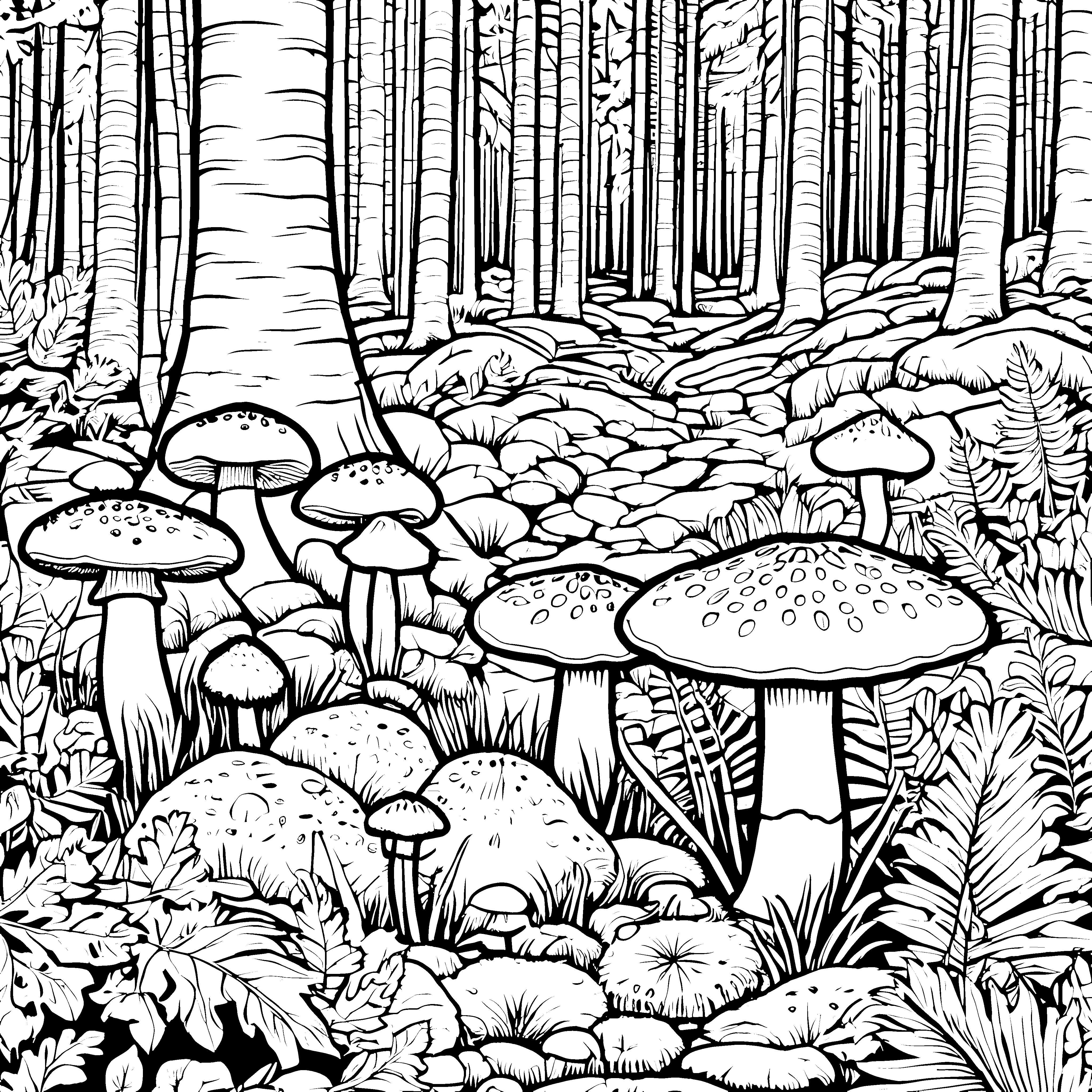Fantasievolle Fliegenpilze im geheimnisvollen Wald Ausmalmotiv für neugierige Naturforscher