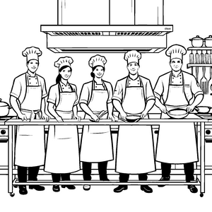 Fünf kreative Chefs bei der lebhaften Zubereitung Ausmalvorlage für ambitionierte Küchenzauberer