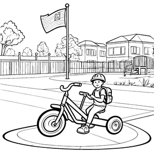 Fröhliches Kind auf coolem Trike Ausmalmotiv für abenteuerlustige Entdecker
