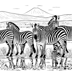 Bezaubernde Zebras am Wasserloch Ausmalbild für kleine Tierforscher