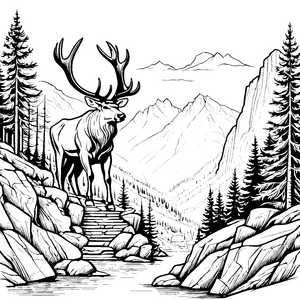 Majestätischer Riesenhirsch im Bergpanorama Ausmalbild für kreative Naturentdecker