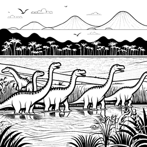 Faszinierender Diplodocus im prähistorischen Fluss Ausmalbild für neugierige Dino-Entdecker