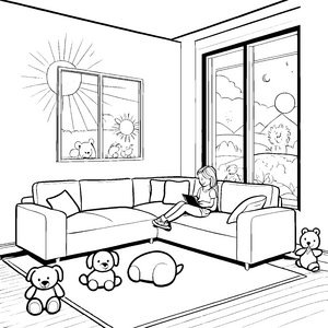Gemütliches Ecksofa mit fröhlichen Teddybären Malvorlage für träumerische Kinder