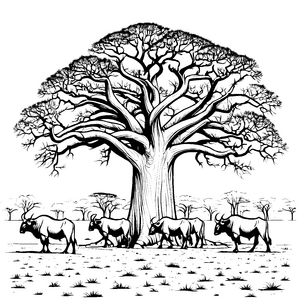 Majestätische Gnus unter dem großen Baum Malvorlage für neugierige Naturentdecker