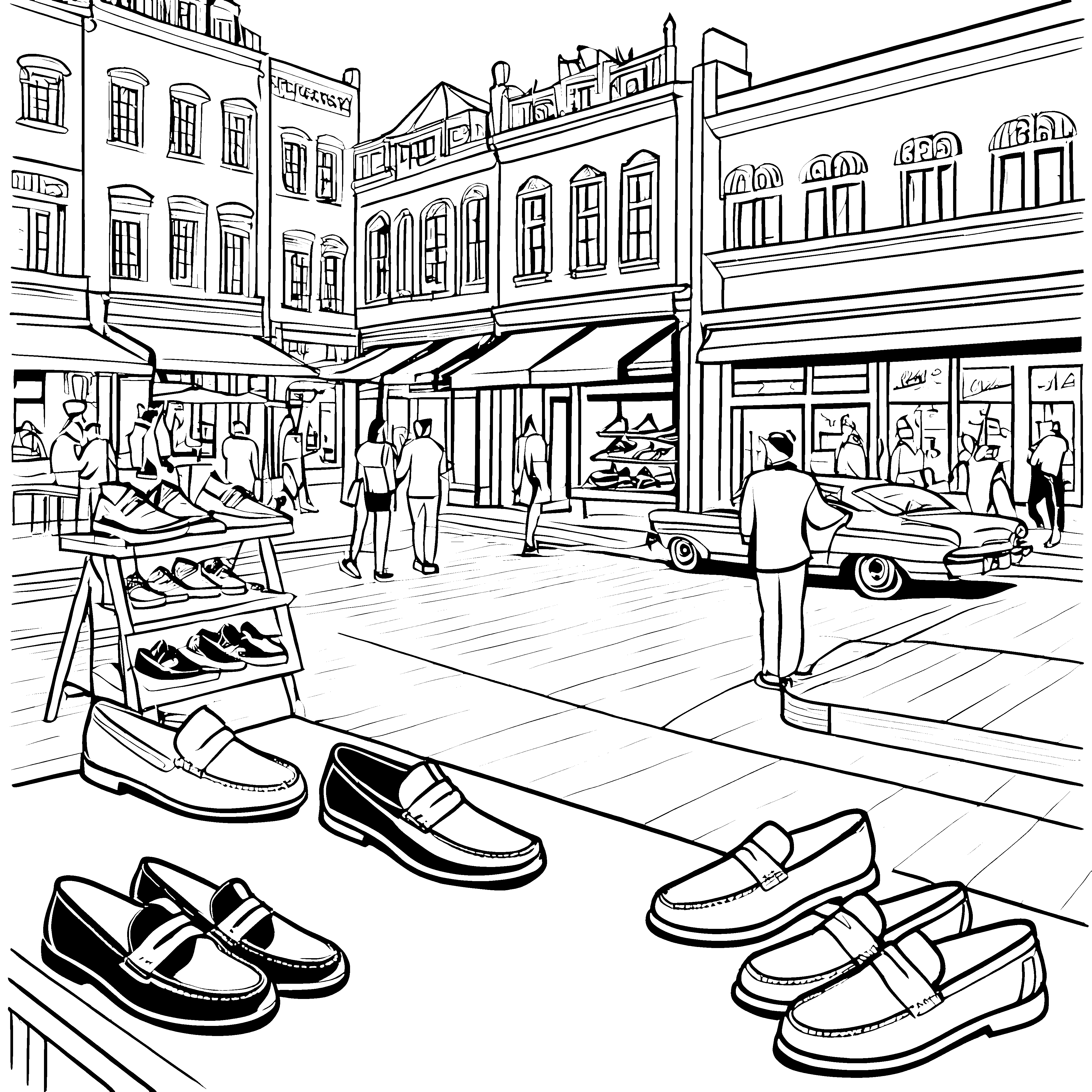 Modischer Schuhverkäufer auf belebtem Marktplatz Ausmalbild für stilbewusste Kids