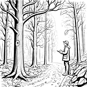 Naturverbundener Förster im geheimnisvollen Wald Ausmalmotiv für wissbegierige Entdecker