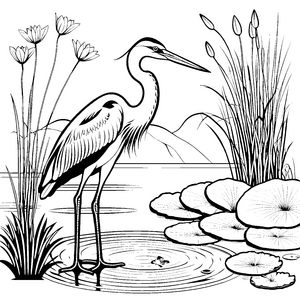Bezaubernder Reiher im klaren Wasser Ausmalbild für wissbegierige Entdecker