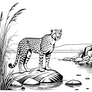 Wagemutiger Gepard am glitzernden Wasser Ausmalvorlage für kleine Tierliebhaber