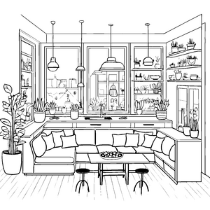 Stylisches Designer-Sofa in modernem Wohnzimmer Ausmalbild für kreative Raumgestalter
