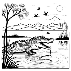 Krokodil bei Sonnenuntergang mit schimmerndem Wasser Malvorlage für abenteuerlustige kleine Künstler