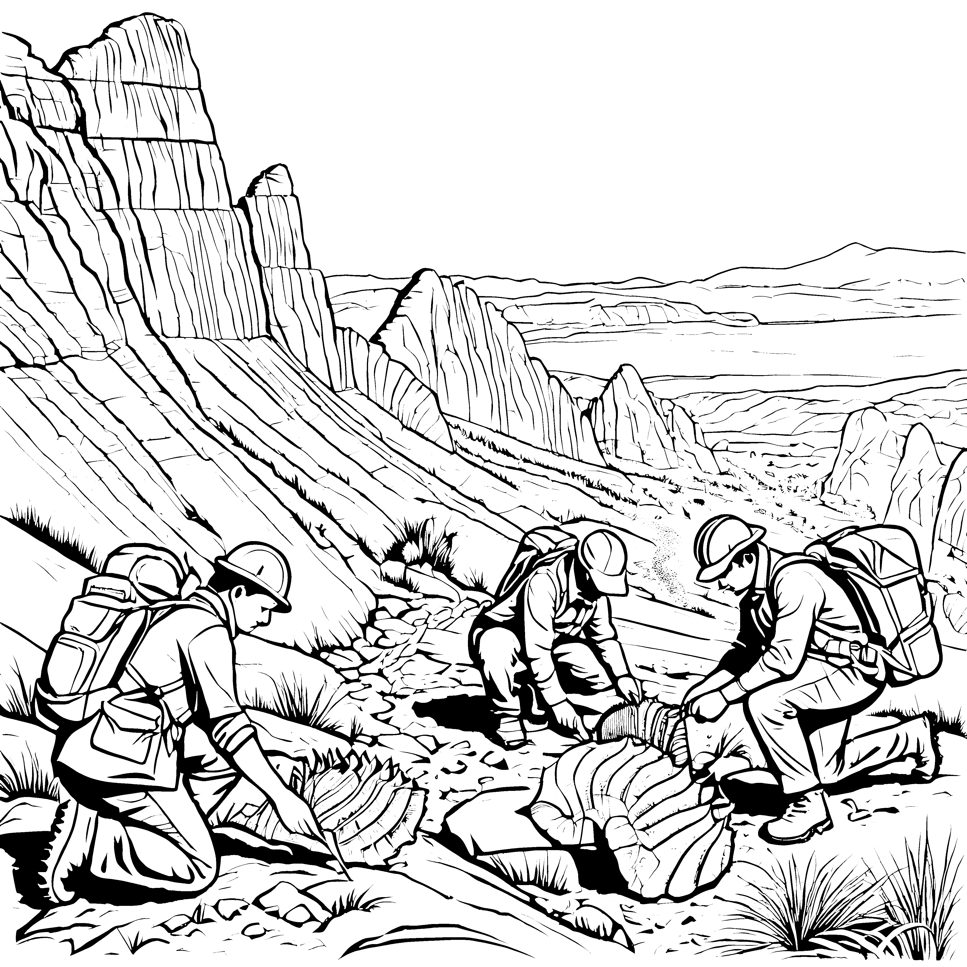 Fossilienforscher beim spannenden Abenteuer in den Bergen Ausmalbild für kleine Entdecker