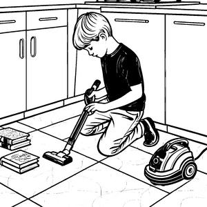 Effizienter Staubsauger mit wirbelndem Staub Ausmalmotiv für kleine Sauberkeitshelden