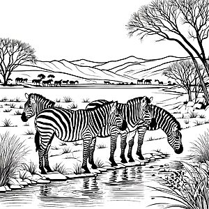 Niedliche Zebrajungtiere am glitzernden Wasser Malvorlage für kleine Naturentdecker