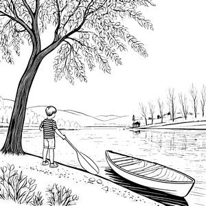 Lustiges Paddelboot auf ruhigem See Ausmalbild für abenteuerlustige Wassersportler