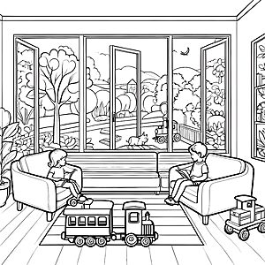 Abenteuerliches Spielzimmer mit einladendem Schlafsofa Ausmalbild für kleine Entdecker