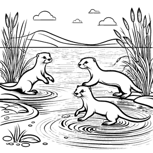 Niedliche Otter-Babys beim Spielen am Wasser Ausmalmotiv für neugierige Entdecker