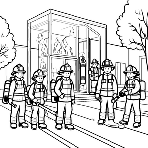Mutige Feuerwehrleute vor dem brennenden Gebäude Ausmalvorlage für heldenhafte kleine Retter
