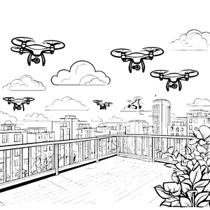 Spannende Drohnen über der Stadt Ausmalbild für kleine Technikfans