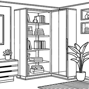 Eleganter Eckschrank mit stilvollen Büchern Ausmalbild für kreative Raumgestalter