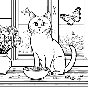 Süße Katze mit buntem Fressnapf Ausmalvorlage für neugierige Tierfreunde