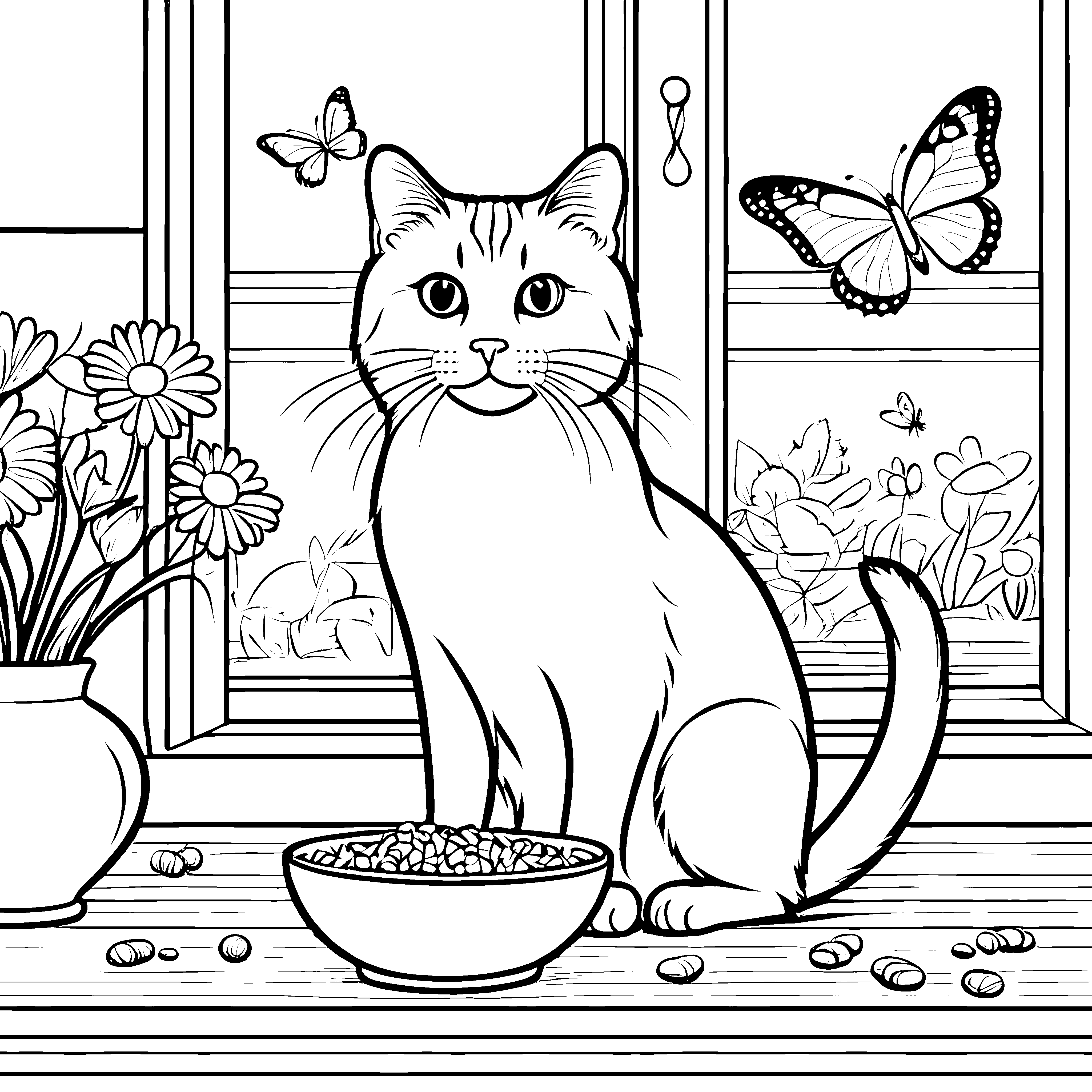 Süße Katze mit buntem Fressnapf Ausmalvorlage für neugierige Tierfreunde