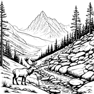 Majestätischer Riesenhirsch vor schneebedecktem Gipfel Ausmalvorlage für abenteuerlustige Naturliebhaber