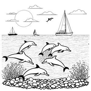 Spritzige Delfin-Bande beim Sprung ins Meer Ausmalvorlage für abenteuerlustige Wasserfreunde