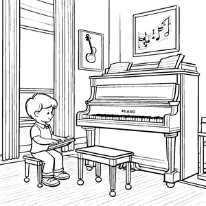 Fantasievoller Junge am majestätischen Klavier Ausmalbild für kreative Musikliebhaber