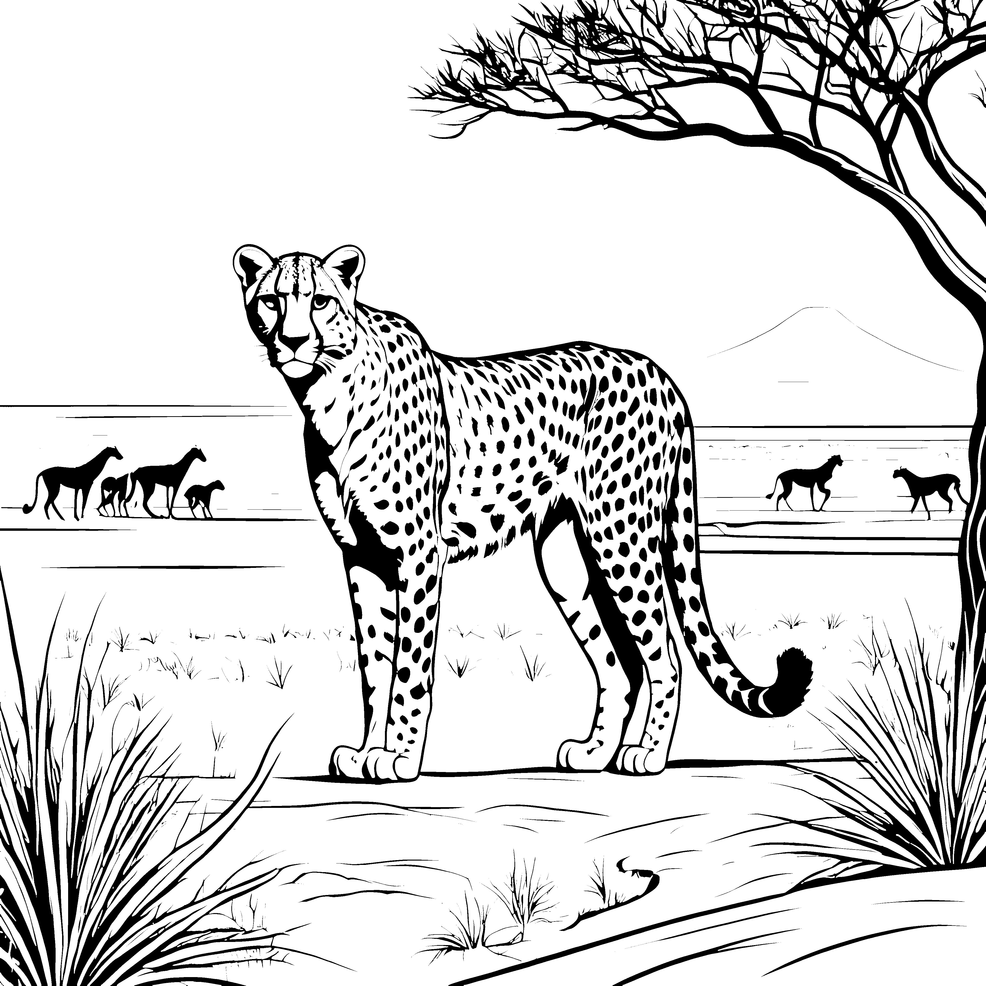 Stolzer Gepard in der weiten Savanne Ausmalbild für junge Abenteurer