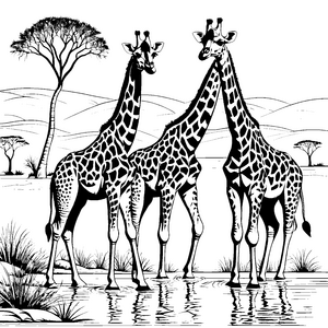 Zwei majestätische Giraffen am glitzernden Wasserloch Ausmalbild für kleine Tierliebhaber