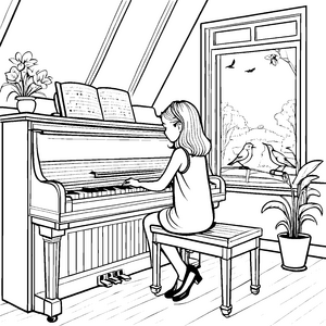 Wunderbares Mädchen am eleganten Klavier Malvorlage für talentierte Musikfreunde
