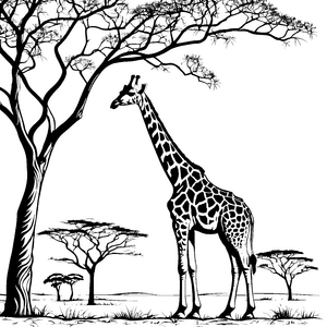 Majestätische Giraffe unter schattenspendendem Baum Ausmalbild für neugierige Tierfreunde